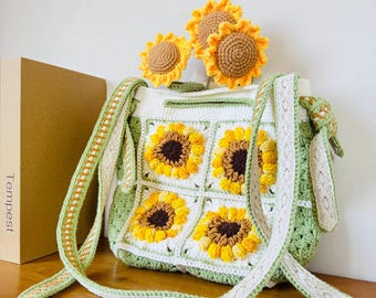 Sunflower Crochet Tote Bag, Knitted Sunflower Granny Square Crossbody Bag, Handmade Crochet Bag Gift for College, Birthday Gift for Women