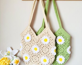 Crochet Daisy Tote Bag: Handmade Custom Boho Granny Square Bag