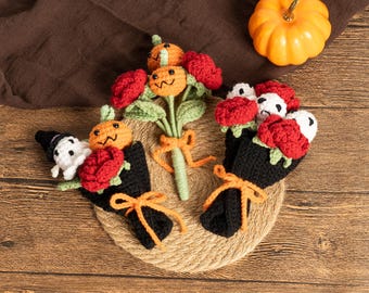 Halloween Crochet Flower Bouquet, Handmade Cotton Knitted Flowers, Home Decor Gift