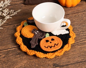 Halloween Crochet Coaster, Handmade Knitted Pumpkin Ghost Bat Drink Coaster for Home Table Party Decor