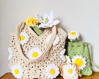 Daisy Crochet Bag, Custom Daisy Granny Boho Bag, Handmade Crochet Tote Bag, Crossbody Bag, Pouch, Daisy Gift for College, Birthday Gift