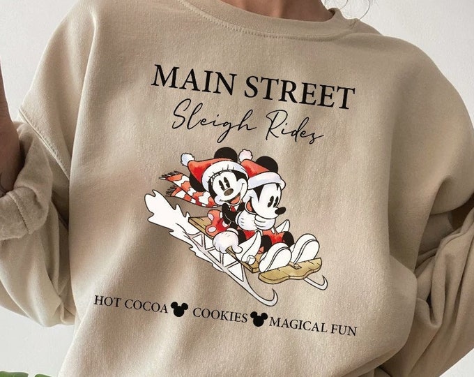 Vintage Main Street Sleigh Rides Sweatshirt, Disney Christmas Sweatshirt, Christmas Women Sweatshirt, Disney Sweatshirt, Mickey and Friend