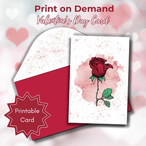 Valentine&#39;s Day Print at Home Card Watercolor Rose 4x6 Blank Inside Printable Card