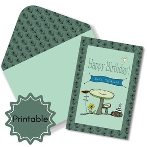 Birthday Card Printable Blank Inside Mushroom Forest Party 4x6 Flower Pattern mushroom cake Printable Envelope Dark Green and Light Green