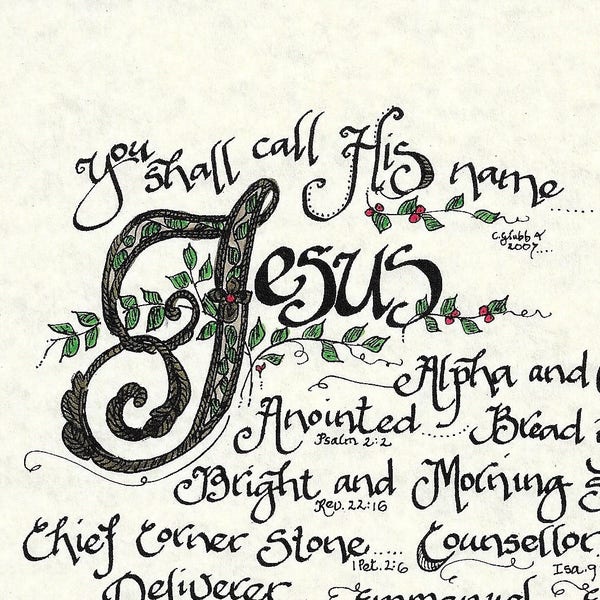 The Names of Jesus: Alpha & Omega,King of Kings, Bread of Life--Color Print 8"x10"-Calligraphy Artwork By Cindy Grubb- Matching Bookmark!