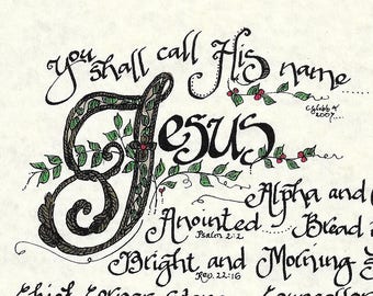 The Names of Jesus: Alpha & Omega,King of Kings, Bread of Life--Color Print 8"x10"-Calligraphy Artwork By Cindy Grubb- Matching Bookmark!