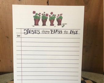 Flowers "Jesus Please Bless This List" Notepad By Cindy Grubb--2 Sided, Free Bookmark, Artist Created, Inspirational,Pink Geranium