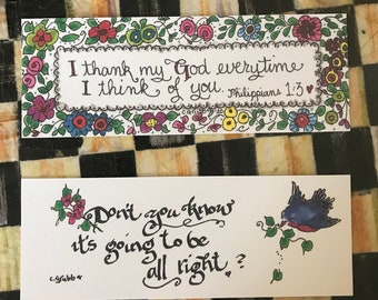 Bookmarks by Cindy Grubb-#73-74-"It's going to be all right" Bluebird---Philippians 1:3 "I thank my god everytime I think of You" Floral