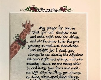 My Prayer for you...Philippians 1:9-11-Calligraphy Print by Cindy Grubb W/ Giraffe OR Traditional, Child of God, Custom 11x14, Free Shipping