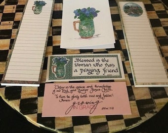 Notecards, Pads & Bookmarks #75-76, 2 Peter 3:18, Blessed Woman,Blue Hydrangea, Misty Pond-By Cindy Grubb, Calligraphy By Hand,FREE SHIPPING