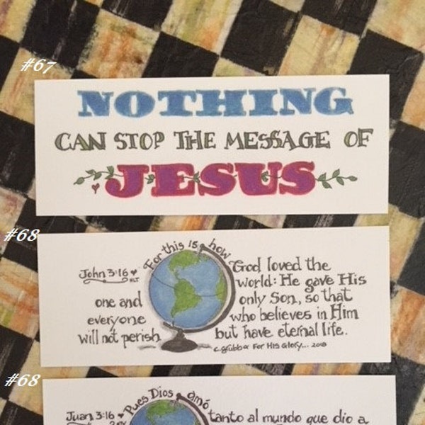 Scripture Bookmarks By Cindy Grubb#67-68-The Message of Jesus & John 3:16"God loved the world, He gave his only Son"2-Sided Eng./Spanish