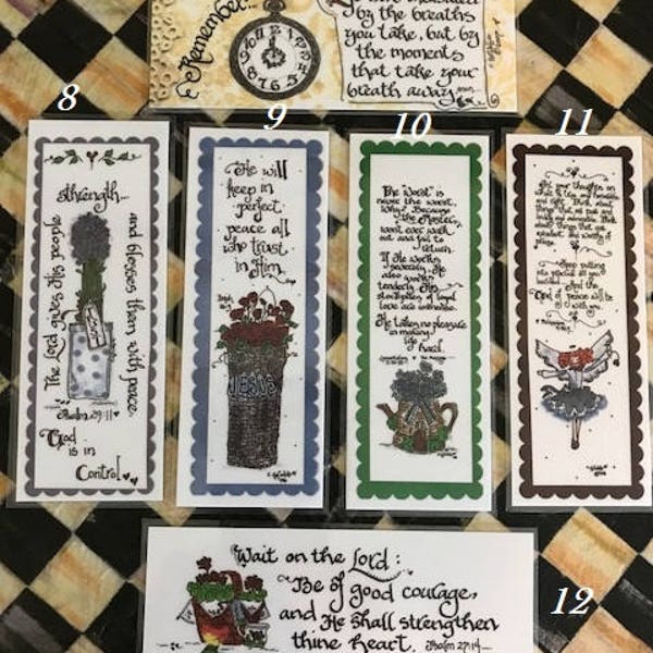 Scripture Bookmarks-Cindy Grubb-For His Glory-#7-12,Remember.., Isaiah 26 3,Psalm 29 11, Lamentations 3 30,Philippians 4 8,Psalm 27 14, GRAD