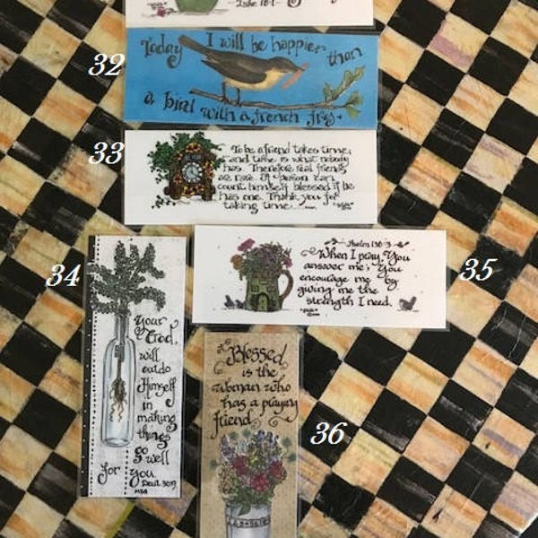 Inspirational Bookmarks-Cindy Grubb_For His Glory-#31-36,Luke 18 1, Bird with fry, To be a friend, Deuteronomy 30 9, Psalm 138,Blessed Woman