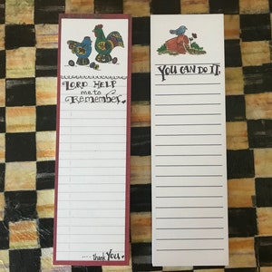 May include: Two white notepad style to-do lists with a red and white border. The left list has a rooster and two hens with the text "Lord Help me to Remember... Thank You". The right list has a blue bird and the text "You Can Do It".