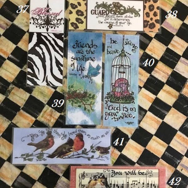 Scripture Bookmarks-Cindy Grubb_For His Glory-#37-42 Blessed-Matthew, Guard-Proverbs, Friends John Hay, Strong,Vintage Bird,Musical Score