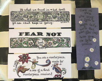 Bookmarks by Cindy Grubb-#69-72--Fireflies, Masterpiece (Boho), Fear Not (Isaiah 43:1), Trust (2 Corin. 5 7)-FREE SHIPPING-Calligraphy