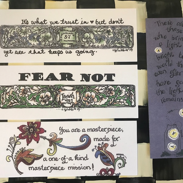 Bookmarks by Cindy Grubb-#69-72--Fireflies, Masterpiece (Boho), Fear Not (Isaiah 43:1), Trust (2 Corin. 5 7)-FREE SHIPPING-Calligraphy