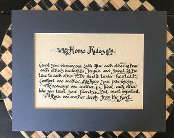 Home Rules Print (Quoting Scriptures) by Cindy Grubb Calligraphy, Free Bookmark, Cottage or Traditional, Count your blessings, Newlyweds