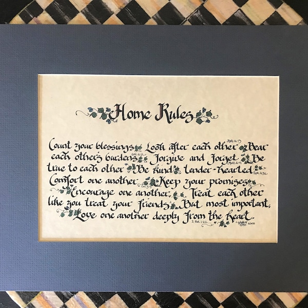 Home Rules Print (Quoting Scriptures) by Cindy Grubb Calligraphy, Free Bookmark, Cottage or Traditional, Count your blessings, Newlyweds
