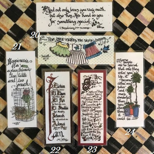 Inspirational Bookmarks-Cindy Grub_For His Glory-#19-24, 1 Thessalonians 1-4, Isaiah 61:10, Happiness, I Am, Names of Jesus, Topiary special