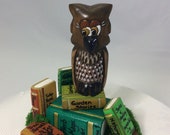 Wood carved, owl, owl with books, sculpture, table or shelf ornament, diorama, home decor, statue, miniature, magical, figurine, whimsical