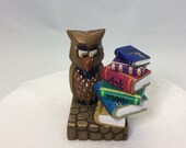 Wood carving, owl wisdom, owl with books, scholar, diorama, home decor, student gift, miniature, teacher gift, figurine, whimsical