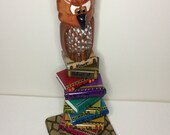 Wood carved, owl, owl with books, sculpture, table or shelf ornament, diorama, home decor, statue, miniature, magical, figurine, whimsical
