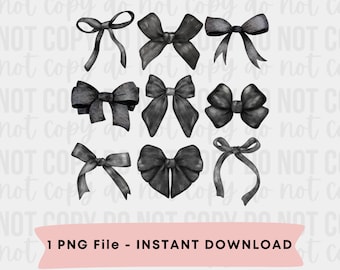 Watercolor Black Bows PNG Clipart, Black Coquette Graphics (Digital Download)
