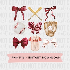 May include: A set of baseball-themed digital clipart images. The set includes a baseball, a baseball glove, a baseball jersey, two red bows, a white bow with red stitching, and two wooden baseball bats crossed over each other.