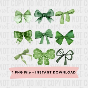 Green Bows Coquette, Bow PNG, Watercolor Green Bows