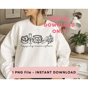 May include: White sweatshirt with a black line drawing of wedding-themed icons, including a heart-shaped cake, champagne glass, wedding cake, high heel, and a slice of cake. The words "happily ever after" are written below the icons.