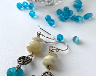 Peruvian Opal and Blue Recycled Glass Earrings