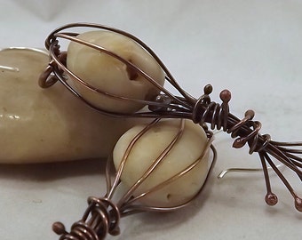 Earthy Caged Pebble Copper Earrings