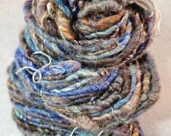 Handspun art yarn - 69 yards - Icelandic, merino, llama, silk, lotus fiber, viscoseall, angelina and mohair, nylon and wool yarn core