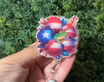 Latino Flag Hibiscus Retractable Badge Reel: Boricua Coqui
