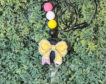 Handmade Pencil Bow Teacher Lanyard: Acrylic Badge