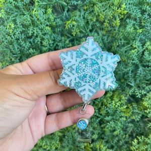 Handmade Glitter Snowflake Badge Reel: Winter ID Holder