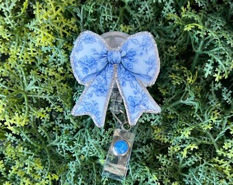 Blue Floral Bow Badge Reel: Handmade Acrylic ID Holder