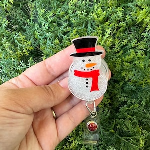 Handmade Glitter Snowman Badge Reel: Winter Christmas ID Holder