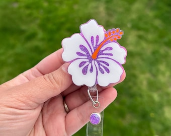 Handgefertigte Hibiskus einziehbare Abzeichen Reel: Glitter Flower ID Inhaber