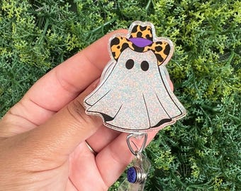 Cowboy Ghost Badge Reel: Handmade Halloween Name Tag Holder