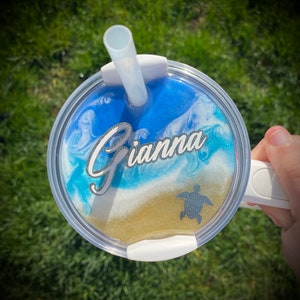 Personalized Beach Stanley Topper: Sea Sand, Turtle, Gold Name Plate