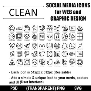 Może przedstawiać: Zestaw 50 czarno-białych ikon mediów społecznościowych, każda o wymiarach 512 pikseli na 512 pikseli. Ikony są obrysowane na czarno i reprezentują popularne platformy mediów społecznościowych, takie jak Facebook, Twitter, Instagram, YouTube i Pinterest. Tekst "CLEAN" pojawia się w czarnym prostokącie u góry obrazu. Tekst "SOCIAL MEDIA ICONS for WEB and GRAPHIC DESIGN" pojawia się w czarnym prostokącie w prawym górnym rogu obrazu. Tekst "Each icon is 512px x 512px (Resizable)" pojawia się czarnym tekstem pod ikonami. Tekst "Add a simple & unique look to your cards, posters and UI (User Interface)" pojawia się czarnym tekstem pod poprzednim tekstem. Tekst "PSD (TRANSPARENT) PNG SVG" pojawia się czarnym tekstem na dole obrazu.