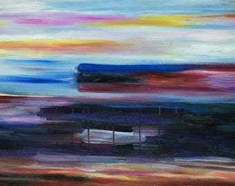 Abstract Skyline Landscape Art Acrylic painting  Ready to hang 48"x24"