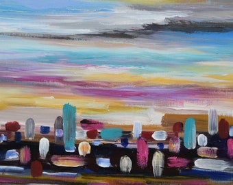 Original Abstract skyline painting Art multi colors huge size 48x24