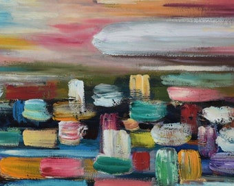 Original Art painting huge modern oil painting  landscape Painting on linen canvas, abstract sunset, 48x24
