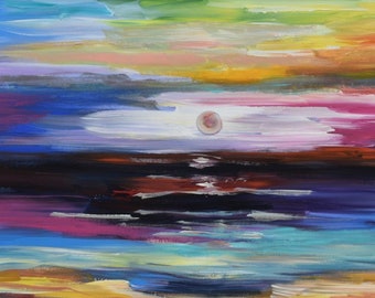 Original abstract painting oil painting Sea art Sunrise Beach Wave on canvas  48x24