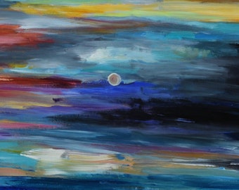 Original Beach wall Art abstract painting huge Impasto brushwork acrylic painting on linen canvas Home Decor 48x24