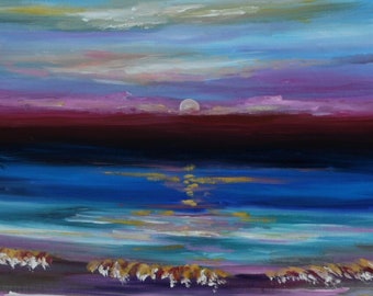 Beach art abstract painting Abstract Sunrise Wave Landscape Painting 48x24
