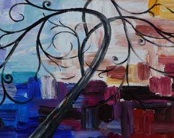 Original Art painting huge Impasto Textur acrylic painting  Abstract Tree Painting on linen canvas 48x24